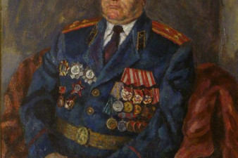 Соколов Александр Федорович – полковник артиллерии в отставке, герой боев за освобождение Прибалтики, Польши и взятия Кенигсберга. 1985. ДВП, масло. 110х96. ВОКГ